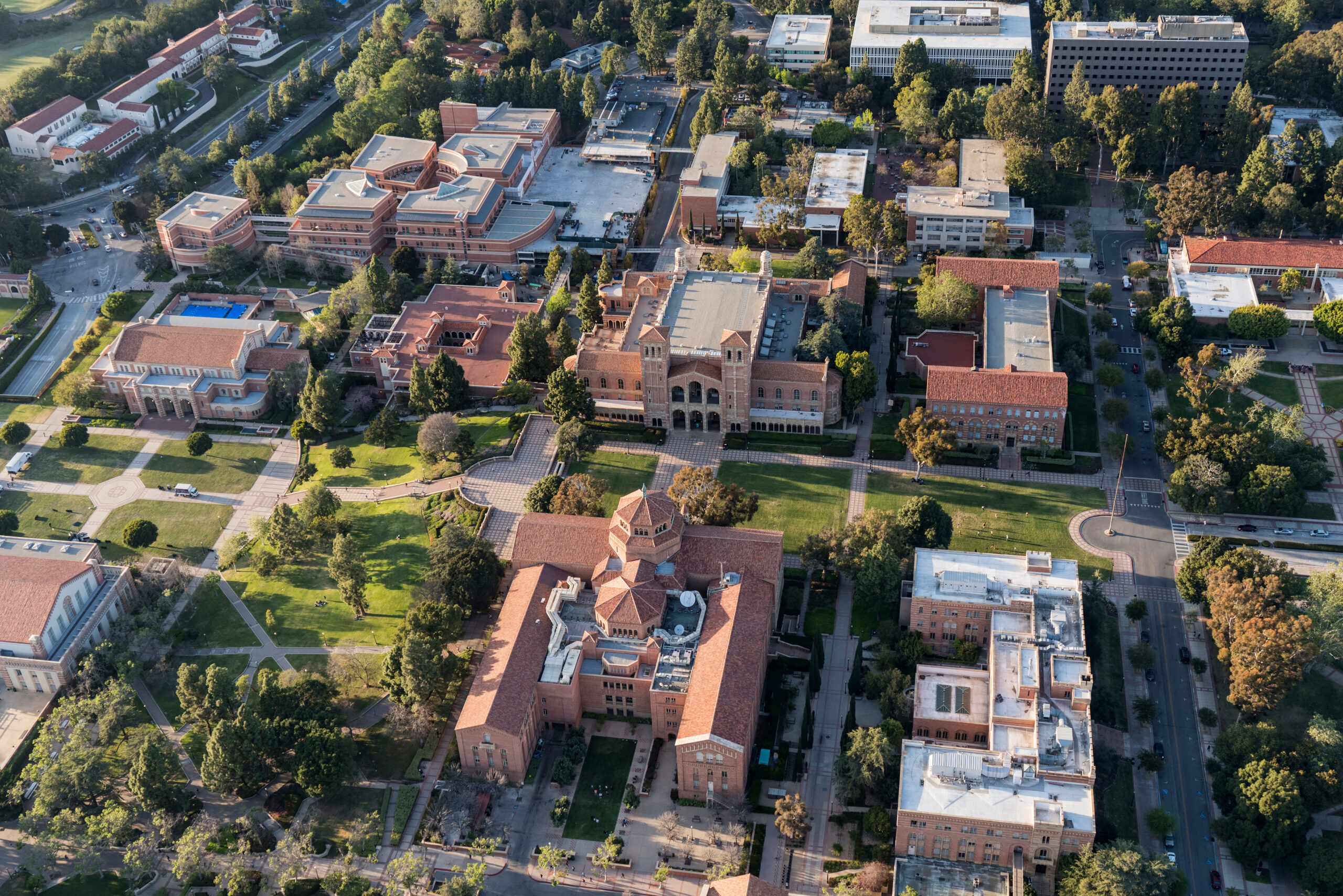 Afternoon aerial view of historic architecture on the UCLA campus in Westwood