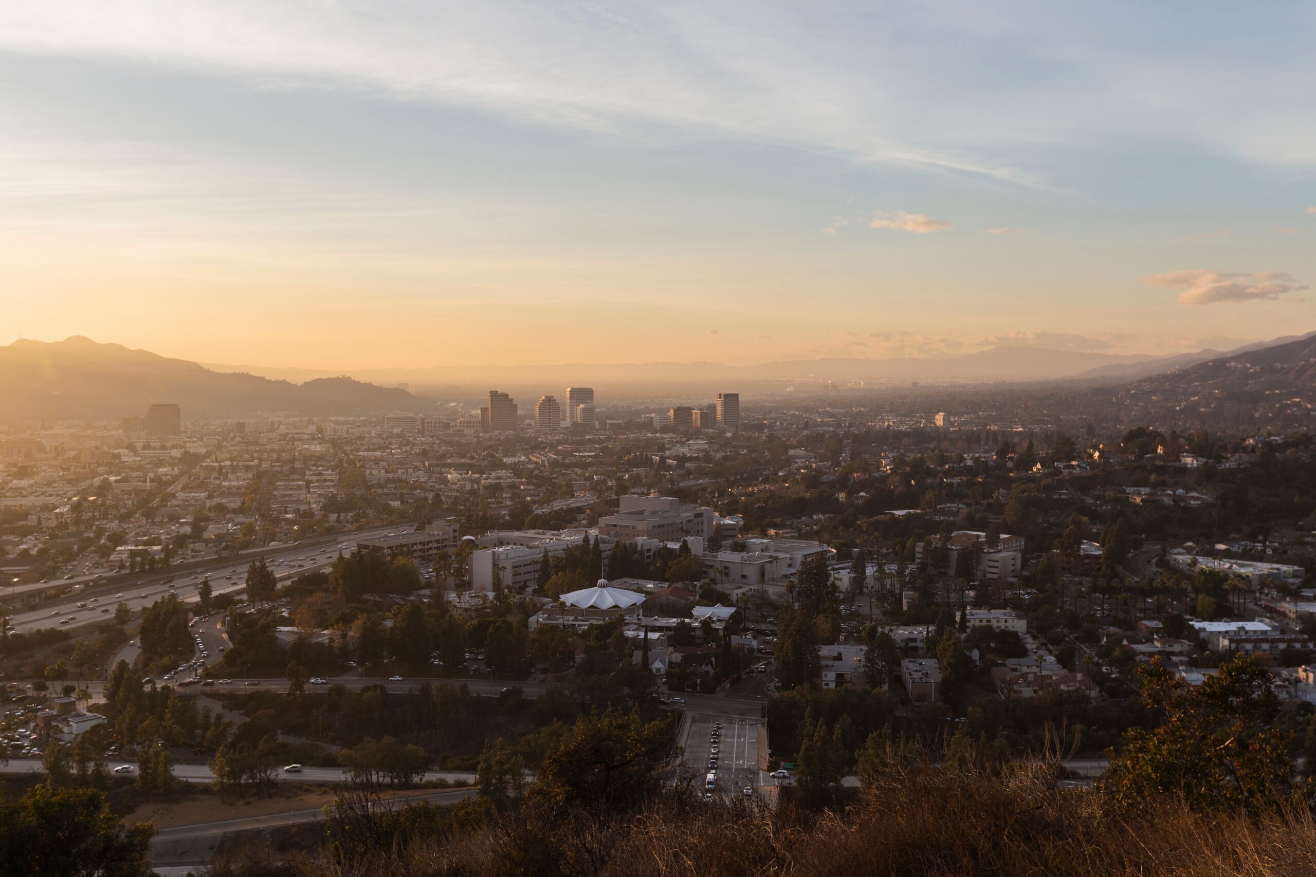 Dusk view of downtown Glendale and the San Fernando Valley